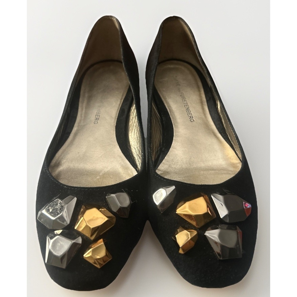 Diane Von Furstenberg Black Suede Ballet Flats Metal Gold Silver Accents Sz 7 M